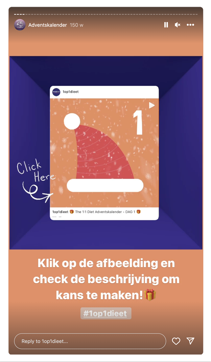 Story 3️⃣ Bij de derde story wordt de tijdlijn post ge-repost, zodat de kijker naar de tijdlijn post wordt begeleid.